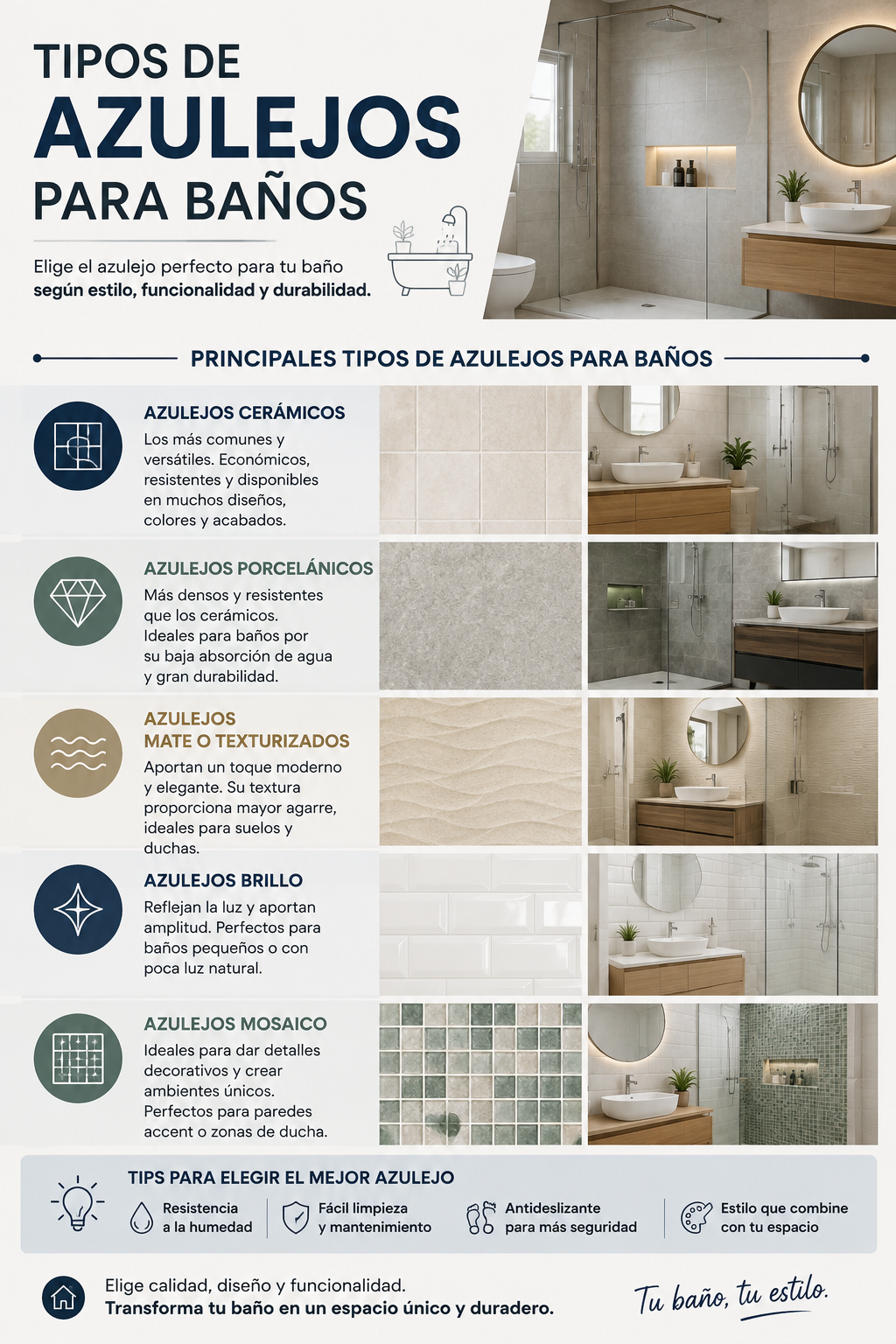 Comparativa de tipos de azulejos para baño: cerámica esmaltada, gres porcelánico, gresite e imitación piedra