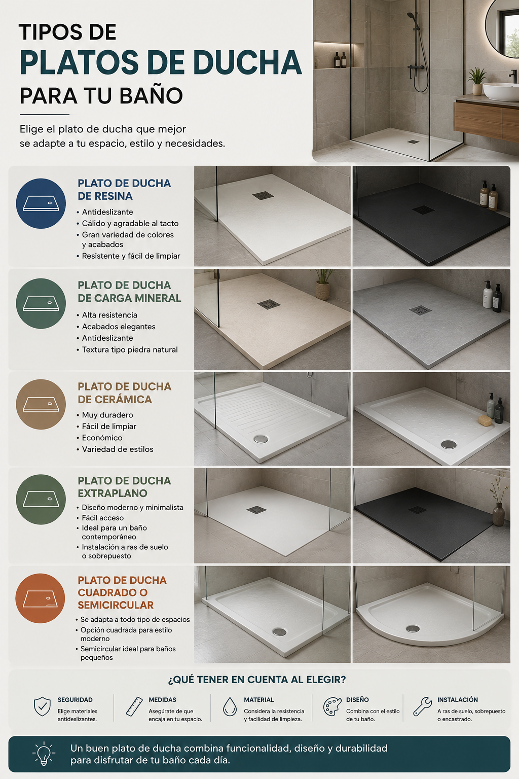 Comparativa de tipos de plato de ducha: acrílico, resina, piedra sintética y gres cerámico